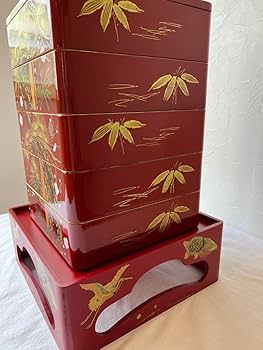 新品未使用会津塗五段重箱台付き　慶事松竹梅鶴亀柄 Amazon.co.jp: 会津塗り五段重箱台付き 慶事松竹梅鶴亀柄